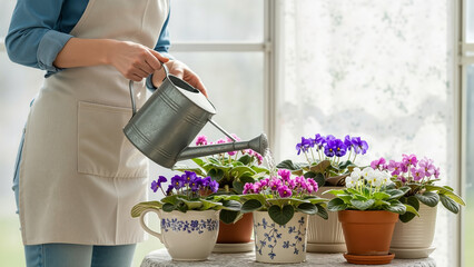A woman watering potted violets wearing an apron near a bright window, a photo for florist websites and home care articles.