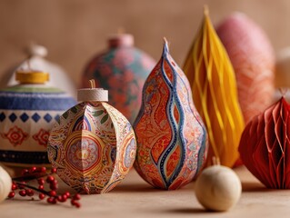 Colorful festive still life with traditional paper decorations and handmade ornaments, celebrating cultural patterns during holiday season for joyful marketing, branding, and seasonal event promotion.