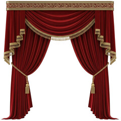Elegant red curtains with gold trim isolated on transparent background