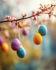 Decorative painted easter eggs hanging on natural tree branches with blurred spring garden background bokeh, perfect for easter holiday decoration and nature renewal celebration concept.