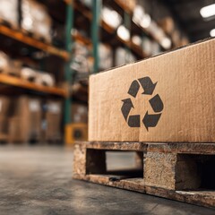 A recyclable cardboard box with recycling symbol in a modern clean warehouse, highlighting responsible packaging, waste management solutions, and sustainable logistics for green business use.
