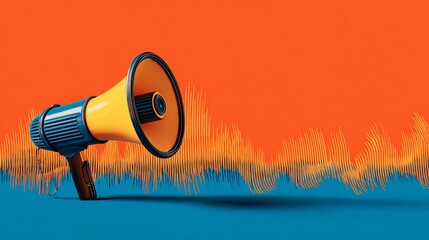 Yellow megaphone on blue base against orange, abstract soundwave backdrop