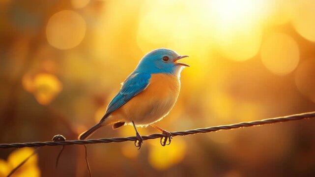 Bluebird singing on a telephone wire with the morning sun casting a warm glow. Blue Bird Day, as a symbol of spring and the return of birds. Copy space. 
