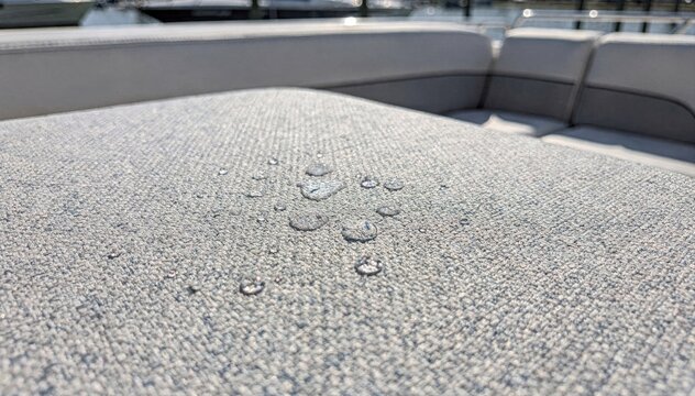 Closeup view of textured UVresistant marine upholstery fabric designed for durability and mold resistance on boat seats and cushions in a sunny outdoor setting.