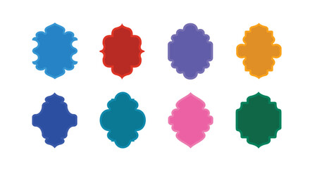 Islamic door and window colorful in Arabic arches. Oriental label collection. Frames with Arabic Muslim designs for Ramadan Kareem