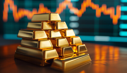 Gold bars stacked high against a blurred financial graph background. Shiny precious metal represents wealth, investment, and market value
