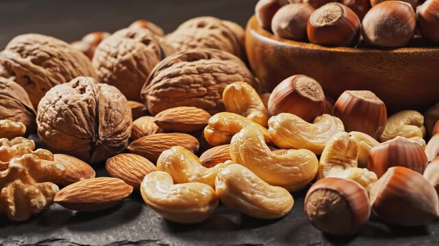 Assorted nuts on a dark surface