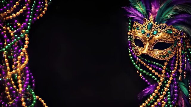 Mardi Gras mask frame with colorful beads decoration on black background and copy space for festive carnival design.
