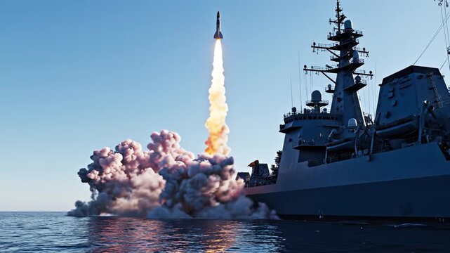 Military ship launching missile at sea
