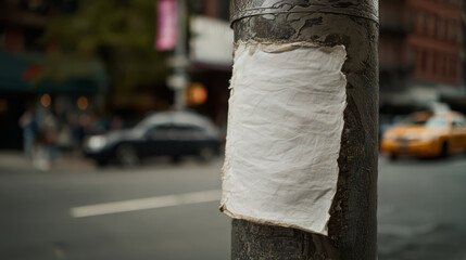 Blank wrinkled paper poster on a weathered urban pole.