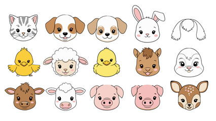 Obraz premium Adorable cartoon illustrations of various farm animals. The collection features a variety of cute animal faces. 