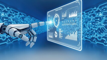 Robot is touching a screen with a blue background