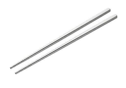 highly polished stainless steel chopsticks in parallel alignment, isolated macro shot on a bright white void background with copy space and soft shadow, concept of sophisticated minimalism