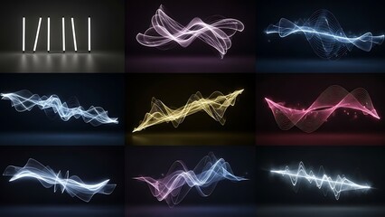 Collection of abstract glowing light wave patterns and neon tube structures on a dark background