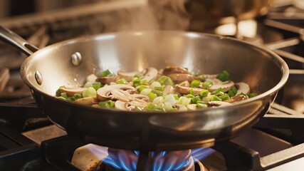 Food cooking in pan on stove