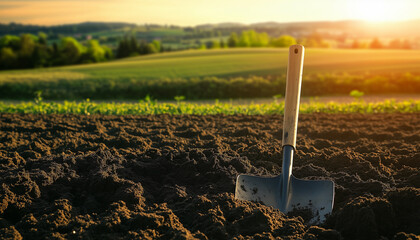 Shovel rests in rich brown earth. Endless green fields stretch to the horizon under warm sun. Farming tool symbolizes hard work, cultivation