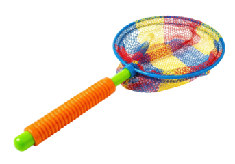 macro close-up of a vibrant plastic toy butterfly net (neon green shaft, orange ribbed handle) on a pure white studio background, high-key lighting emphasizing texture and bokeh. concept of nostalgic