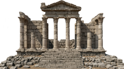 Ancient stone ruins of a Greek temple with weathered columns and steps showcasing classical architecture in disrepair ancient ruins column facade historical monument heritage transparent background