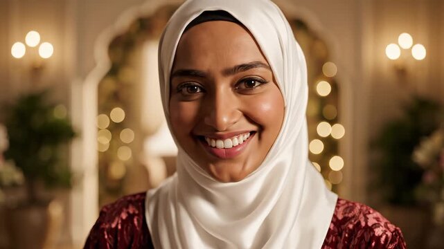 Woman in white hijab smiling indoors