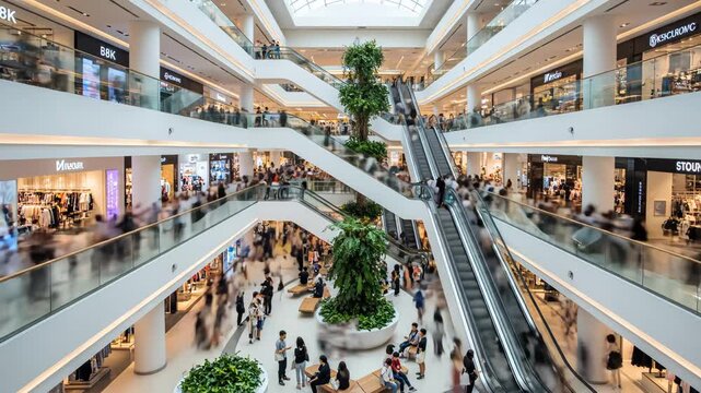Multilevel shopping mall interior with escalators
