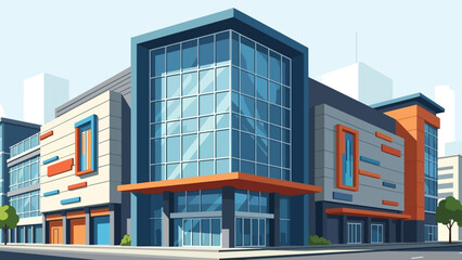 Modern Shopping Mall Exterior with Glass Facade.