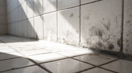 Obraz premium Mold growth on bathroom tiles in an indoor space during daylight, showing neglect in cleaning and maintenance of hygiene