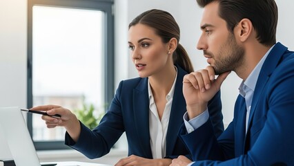 Businesswoman pointing at laptop screen with colleague in office social media thumbnail poster banner download 2026 2027
