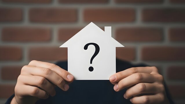 White paper house with a black question mark. Real estate uncertainty and property search. Hands holding a cutout home shape against a red brick wall background
