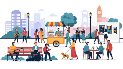 Naklejka premium People enjoying a sunny day in a city park with street performers and food vendors.