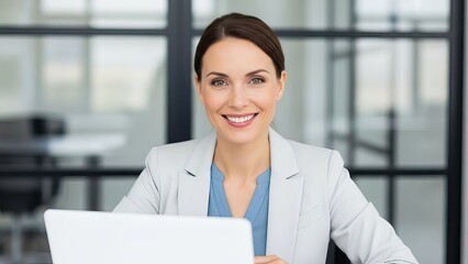 Businesswoman smiling at laptop in office social media thumbnail poster banner download 2026 2027 computer