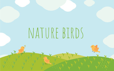 自然の中で遊ぶかわいい鳥たちの背景イラスト