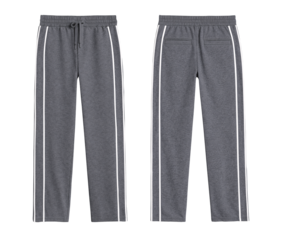 Dark Gray Athletic Track Pants with White Side Stripes, Front and Back Isolated on Transparent Background
