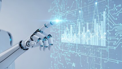 Robot is touching a screen with a blue and white background