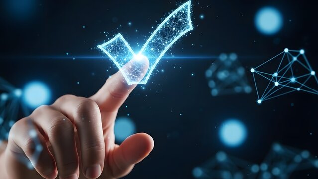 Hand touching a glowing digital check mark icon. Quality assurance and task completion. Finger pressing a virtual tick symbol in a high tech network environment