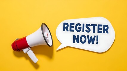 Bright red and white megaphone device projecting a white speech bubble with bold blue text 'register now' against a vibrant yellow studio