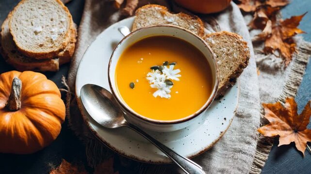 Creamy pumpkin soup with bread and autumn leaves decorating a table