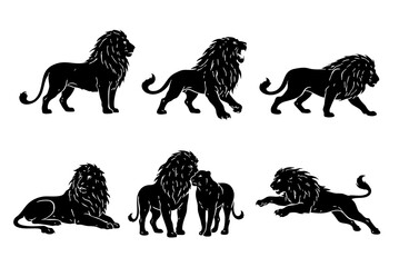 Lion silhouettes on white isolated background