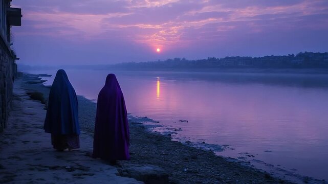 agra india traditional dressed women enjoying river sunset view video