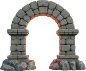 Ancient weathered stone archway constructed from rough hewn grey blocks and supporting carved imposts at its base rock structure architecture ruin medieval fantasy historical transparent background