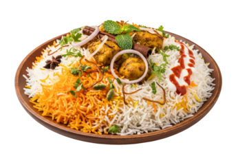 spiced rice platter with fried chicken bites and herbs