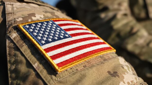 Closeup of American flag patch on military uniform