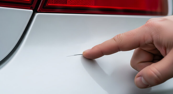 Close-up of a Finger pointing to a fresh scratch on a white car's exterior body panel