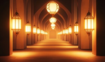 Mystical Mosque Corridor with Glowing Ramadan Lanterns and Warm Lighting