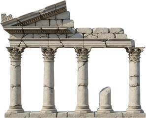 Ancient Greek architectural ruins featuring Corinthian columns and broken pediment weathered stone texture architecture cracked crumbling historic facade classical marble transparent background
