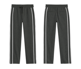 Dark Gray Athletic Track Pants with White Side Stripes, Front and Back Isolated on Transparent
