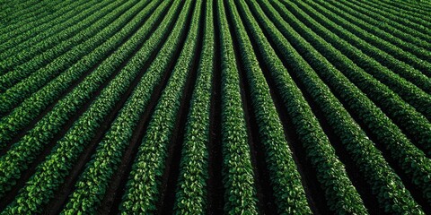 Obraz premium Rows of vibrant green crops stretch toward the horizon, arranged in parallel lines