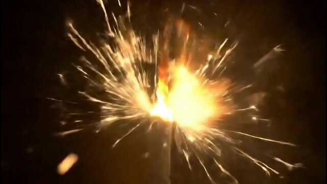 Macro shot of burning sparkler or fuse with flying sparks on black background. Firework ignition animation. Ai generation