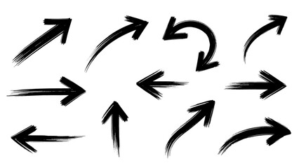 Set of Black Hand-Drawn Brush Stroke Arrows with Dynamic Swirls and Pointers, PNG, Transparent Background, perfect for presentation highlights, creative infographics, and organic UI design.