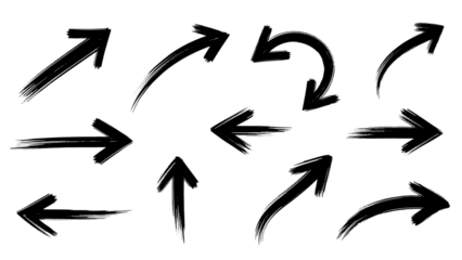 Set of Black Hand-Drawn Brush Stroke Arrows with Dynamic Swirls and Pointers, PNG, Transparent Background, perfect for presentation highlights, creative infographics, and organic UI design.