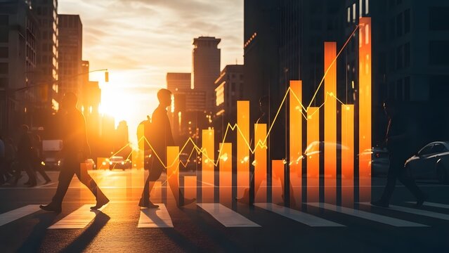 Stock market growth bar graph overlay on city street. Urban economy and financial success. Business people walking across a crosswalk with rising data charts at sunset